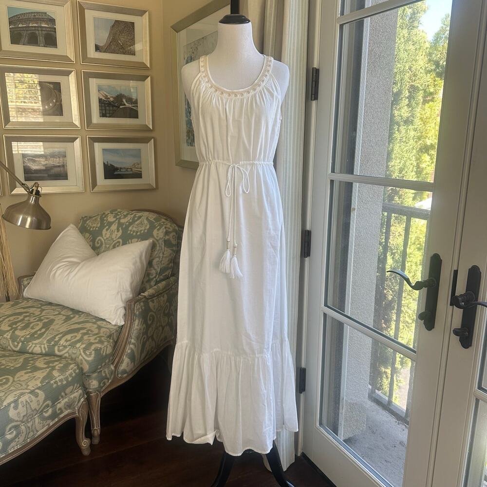 Boho White Sleeveless Maxi Dress Drawstring Waist Ruffle Hem Scoop Neck Size 4